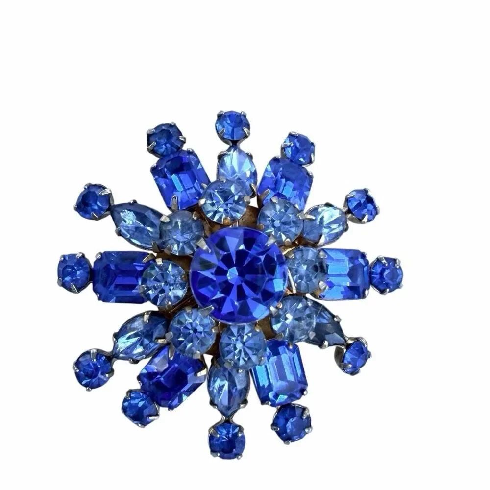 Vintage Coro Blue Rhinestone Starburst Brooch Gold Tone Snowflake Brooch